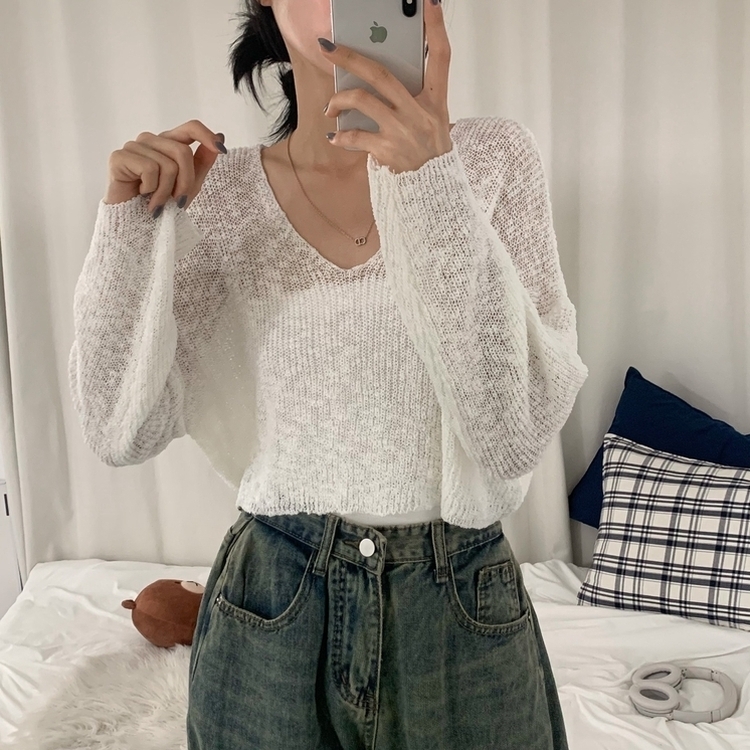 サマールーズフィットVネックシースルー長袖ニット｜ニット