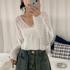 サマールーズフィットVネックシースルー長袖ニット｜ニット｜韓国