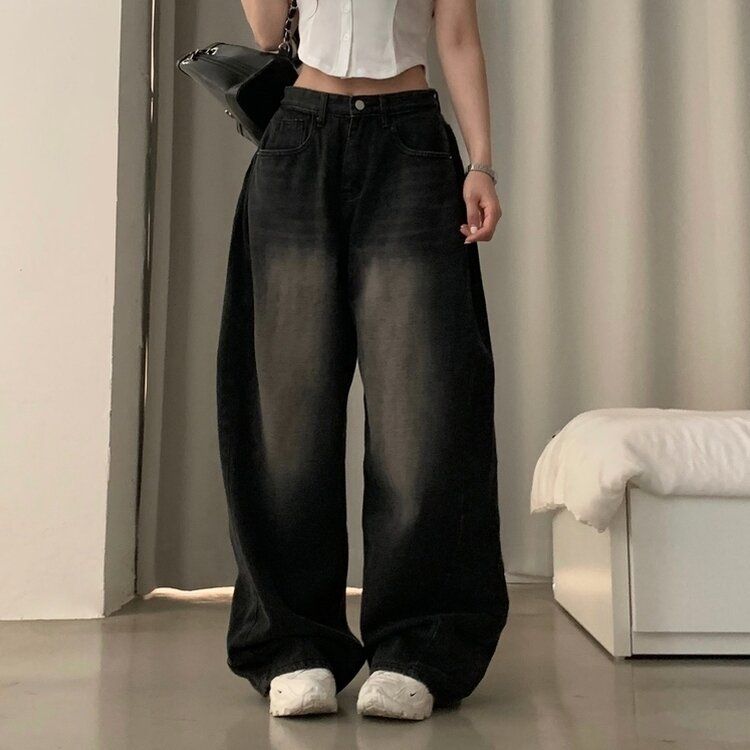 워크 빈티지 사이드 핀턱 워싱 와이드 데님팬츠 5color 블랙