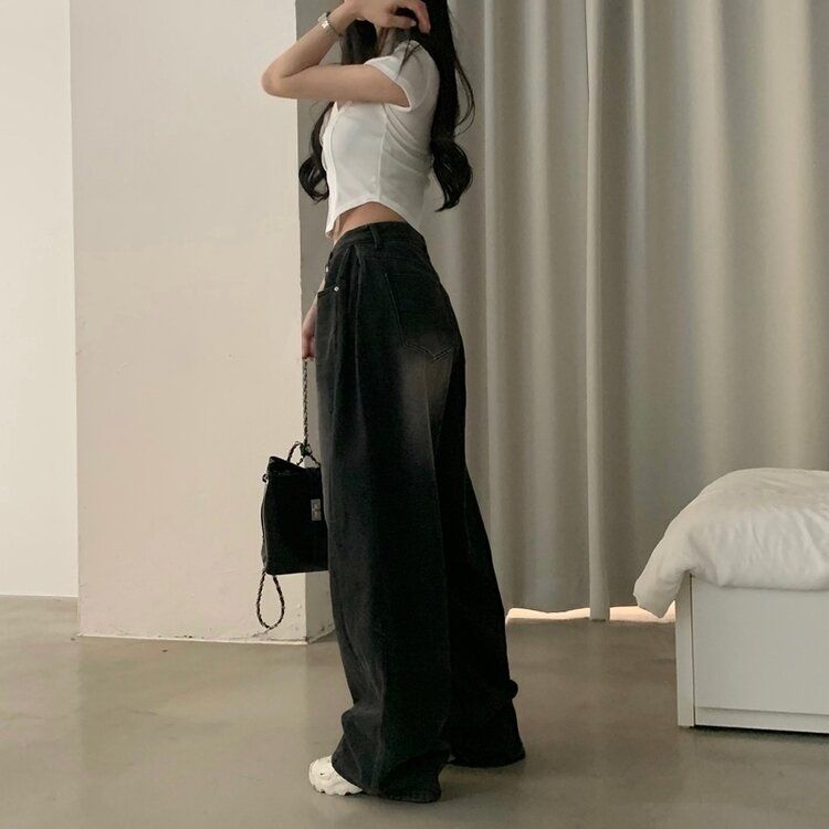 워크 빈티지 사이드 핀턱 워싱 와이드 데님팬츠 5color 블랙