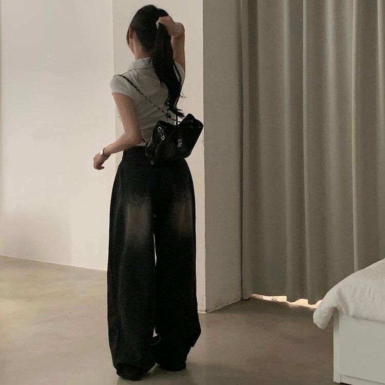 워크 빈티지 사이드 핀턱 워싱 와이드 데님팬츠 5color 블랙