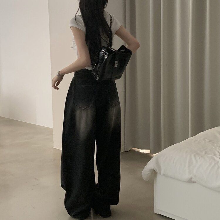 워크 빈티지 사이드 핀턱 워싱 와이드 데님팬츠 5color 블랙