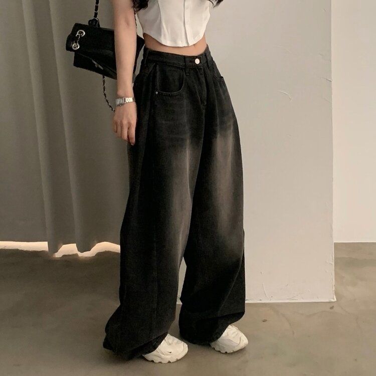 워크 빈티지 사이드 핀턱 워싱 와이드 데님팬츠 5color 블랙