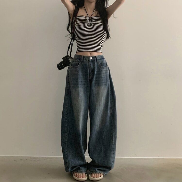 워크 빈티지 사이드 핀턱 워싱 와이드 데님팬츠 5color 진청
