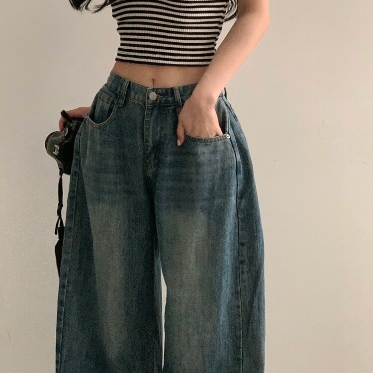 워크 빈티지 사이드 핀턱 워싱 와이드 데님팬츠 5color 진청