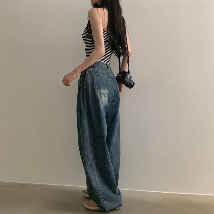 워크 빈티지 사이드 핀턱 워싱 와이드 데님팬츠 5color 진청