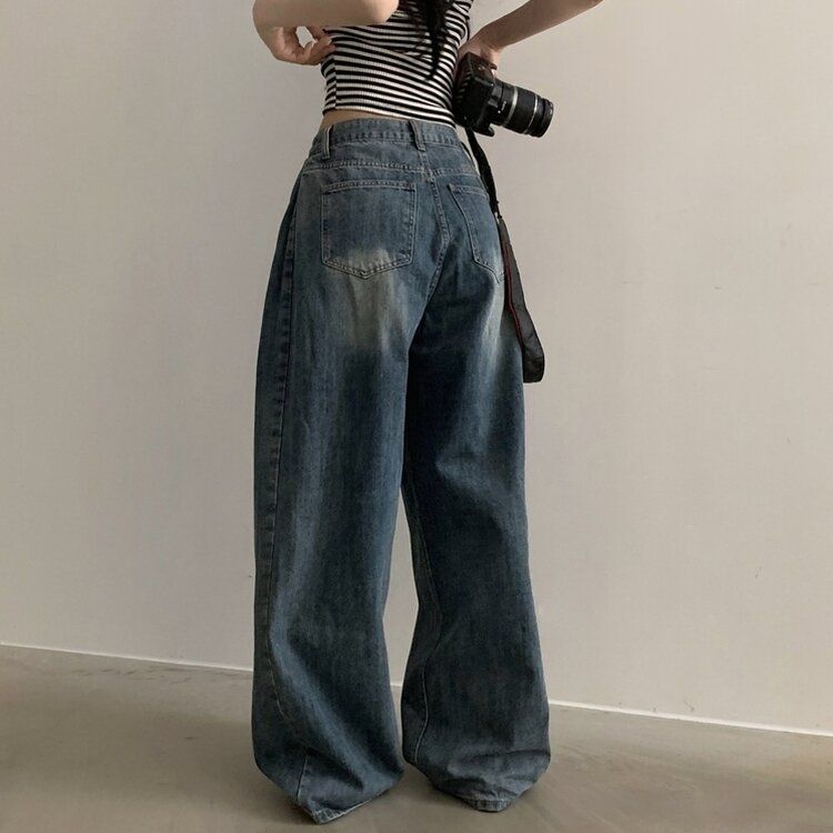 워크 빈티지 사이드 핀턱 워싱 와이드 데님팬츠 5color 진청