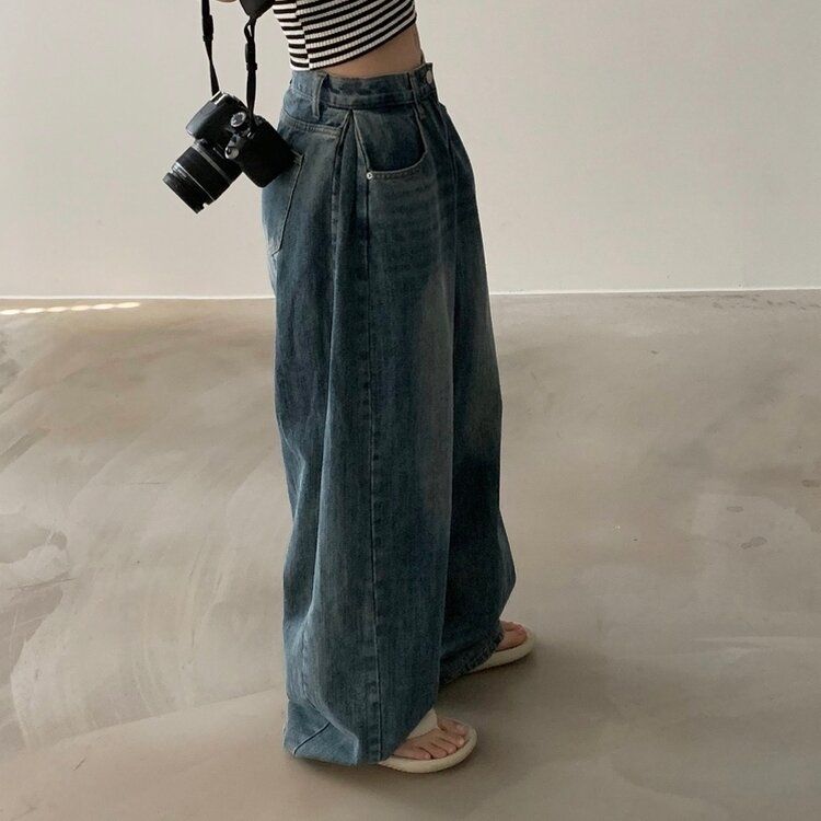 워크 빈티지 사이드 핀턱 워싱 와이드 데님팬츠 5color 진청