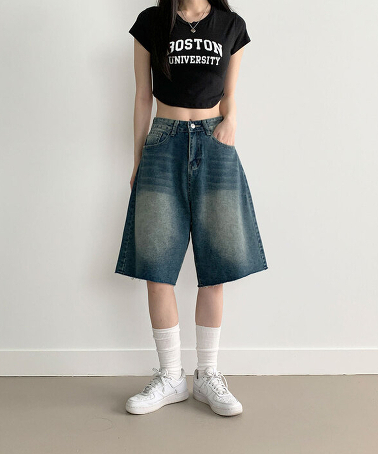 포챠 빈티지 워싱 버뮤다 데님팬츠 진청