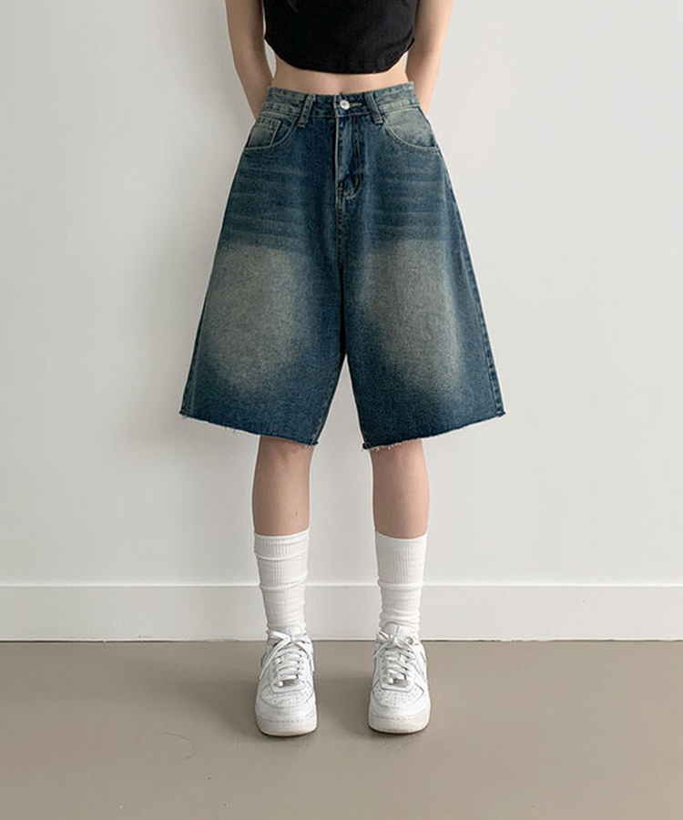 포챠 빈티지 워싱 버뮤다 데님팬츠 진청