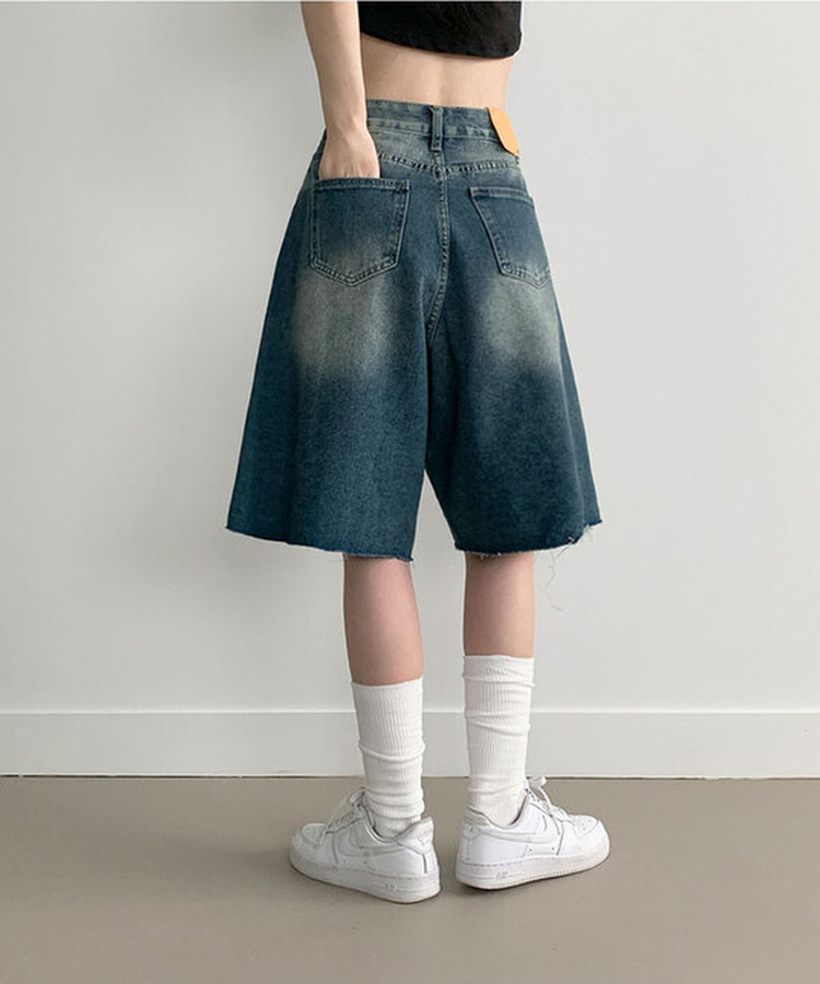 포챠 빈티지 워싱 버뮤다 데님팬츠 진청