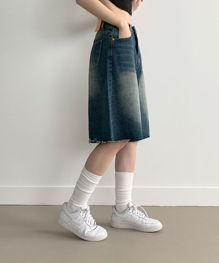 포챠 빈티지 워싱 버뮤다 데님팬츠 진청