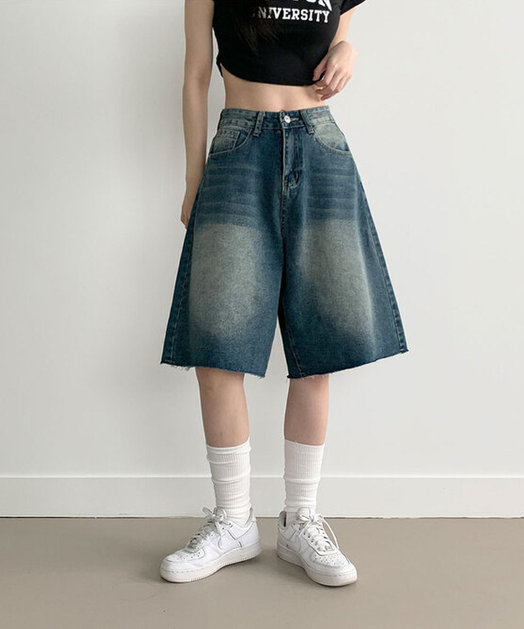 포챠 빈티지 워싱 버뮤다 데님팬츠 진청