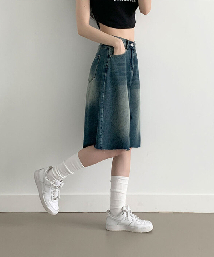 포챠 빈티지 워싱 버뮤다 데님팬츠 진청