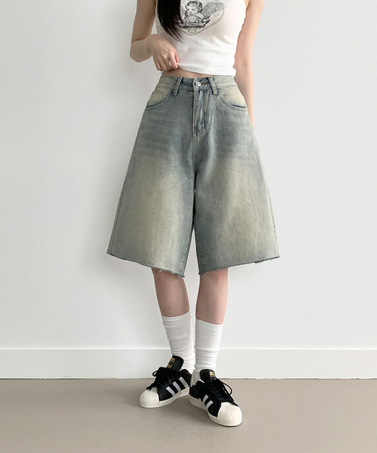 포챠 빈티지 워싱 버뮤다 데님팬츠 연청