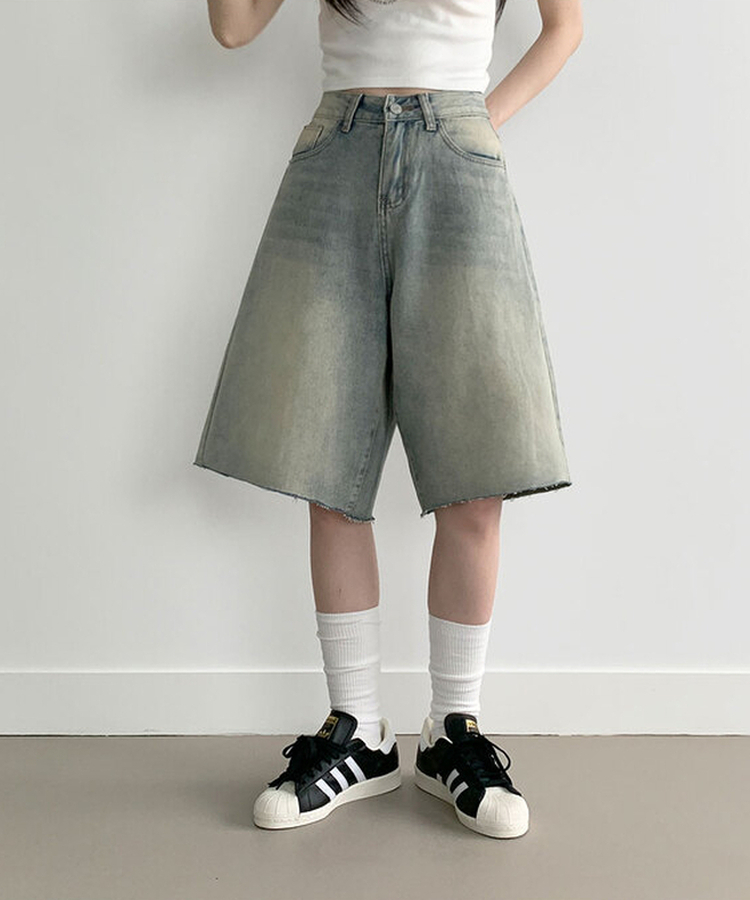 포챠 빈티지 워싱 버뮤다 데님팬츠 연청