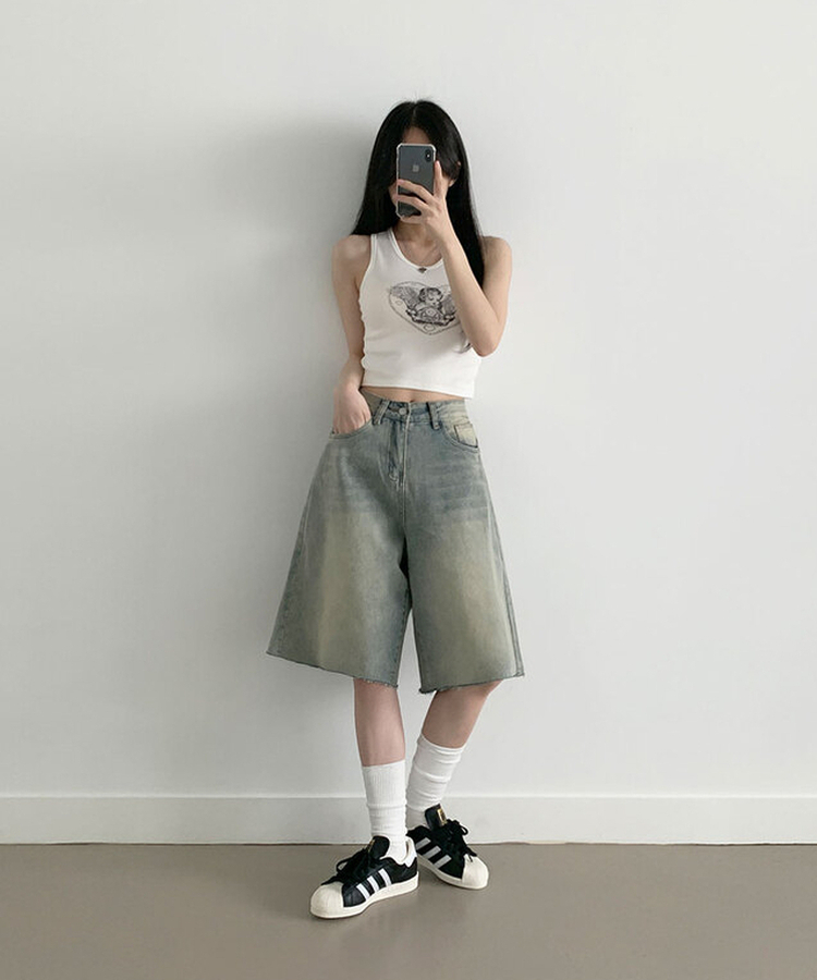 포챠 빈티지 워싱 버뮤다 데님팬츠 연청