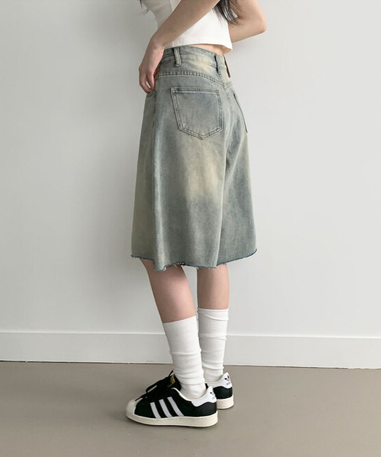 포챠 빈티지 워싱 버뮤다 데님팬츠 연청