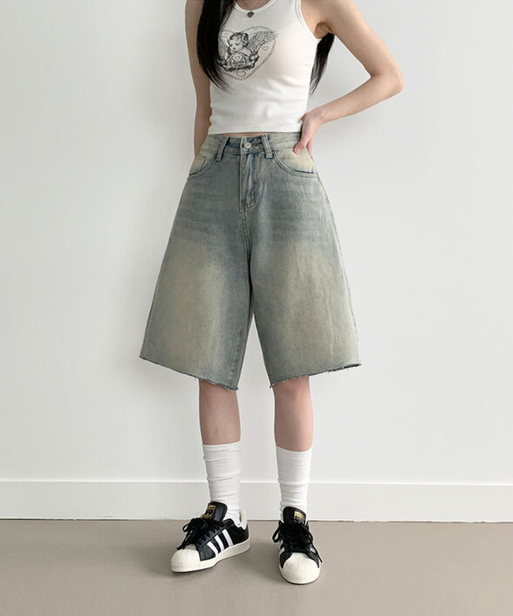 포챠 빈티지 워싱 버뮤다 데님팬츠 연청