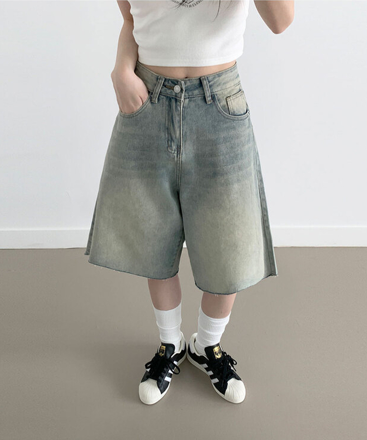 포챠 빈티지 워싱 버뮤다 데님팬츠 연청