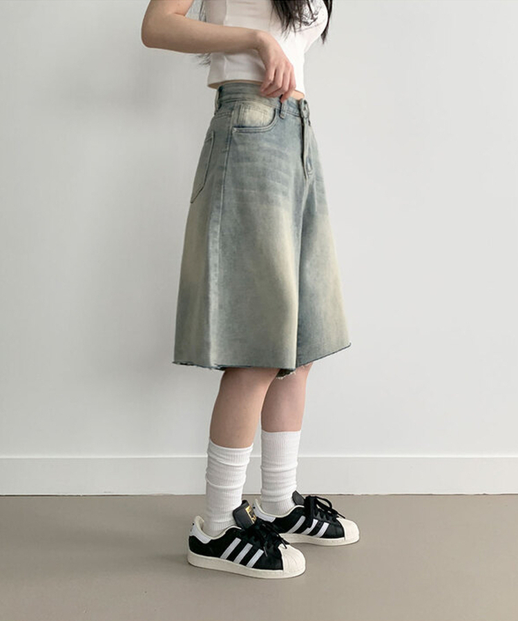 포챠 빈티지 워싱 버뮤다 데님팬츠 연청