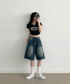 [흔치않은워싱!/~XL] 포챠 빈티지 워싱 버뮤다 데님팬츠 진청