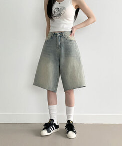 [흔치않은워싱!/~XL] 포챠 빈티지 워싱 버뮤다 데님팬츠 연청