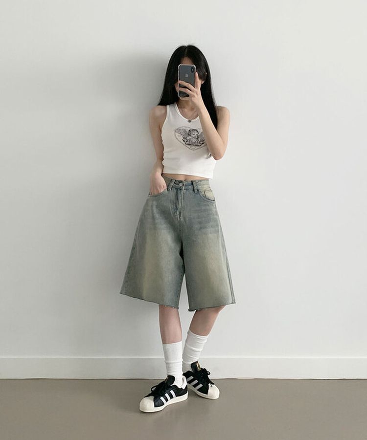 [흔치않은워싱!/~XL] 포챠 빈티지 워싱 버뮤다 데님팬츠 연청