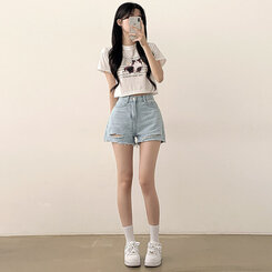 ショートパンツ ダメージカッティングハイウエストデニムショートパンツ LIGHT BLUE