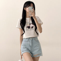 ショートパンツ ダメージカッティングハイウエストデニムショートパンツ LIGHT BLUE
