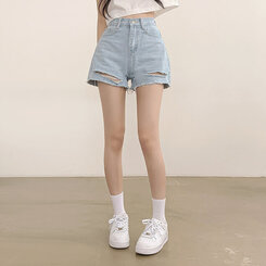 ショートパンツ ダメージカッティングハイウエストデニムショートパンツ LIGHT BLUE