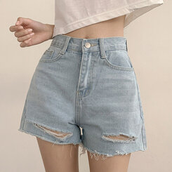 ショートパンツ ダメージカッティングハイウエストデニムショートパンツ LIGHT BLUE