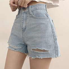 ショートパンツ ダメージカッティングハイウエストデニムショートパンツ LIGHT BLUE