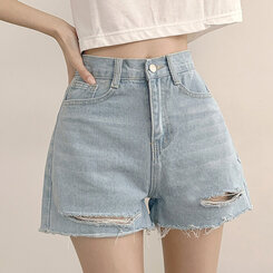 ショートパンツ ダメージカッティングハイウエストデニムショートパンツ LIGHT BLUE