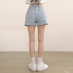 ショートパンツ ダメージカッティングハイウエストデニムショートパンツ LIGHT BLUE