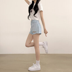 ショートパンツ ダメージカッティングハイウエストデニムショートパンツ LIGHT BLUE