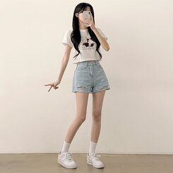 ショートパンツ ダメージカッティングハイウエストデニムショートパンツ LIGHT BLUE