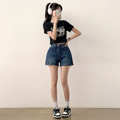 ショートパンツ ダメージカッティングハイウエストデニムショートパンツ DARK BLUE