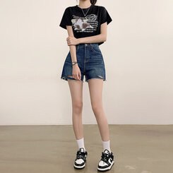 ショートパンツ ダメージカッティングハイウエストデニムショートパンツ DARK BLUE