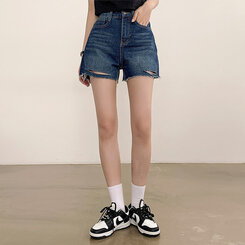 ショートパンツ ダメージカッティングハイウエストデニムショートパンツ DARK BLUE