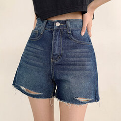 ショートパンツ ダメージカッティングハイウエストデニムショートパンツ DARK BLUE