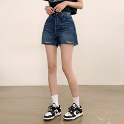 ショートパンツ ダメージカッティングハイウエストデニムショートパンツ DARK BLUE