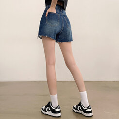 ショートパンツ ダメージカッティングハイウエストデニムショートパンツ DARK BLUE