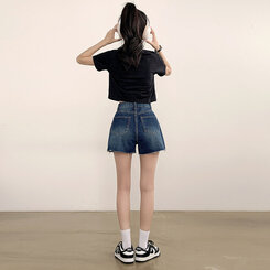 ショートパンツ ダメージカッティングハイウエストデニムショートパンツ DARK BLUE