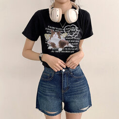 ショートパンツ ダメージカッティングハイウエストデニムショートパンツ DARK BLUE
