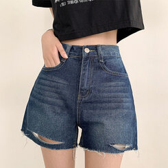 ショートパンツ ダメージカッティングハイウエストデニムショートパンツ DARK BLUE