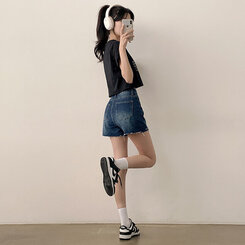 ショートパンツ ダメージカッティングハイウエストデニムショートパンツ DARK BLUE