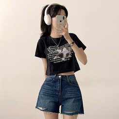 ショートパンツ ダメージカッティングハイウエストデニムショートパンツ DARK BLUE