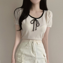 ニット 配色Uネックリボンサマー半袖ニットTシャツ IVORY