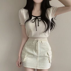 ニット 配色Uネックリボンサマー半袖ニットTシャツ IVORY